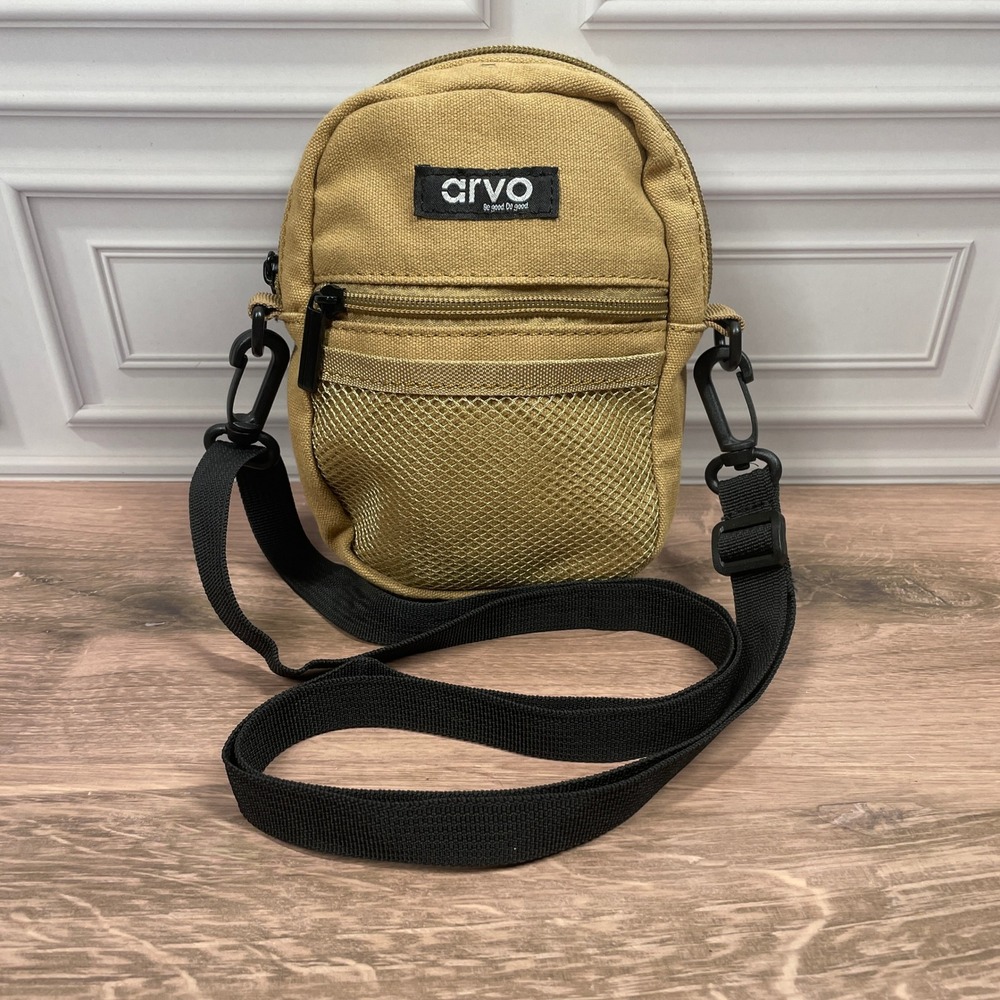 Mini Crossbody Bag Fanny Pack Khaki Canvas Mesh Pocket Adjustable Strap